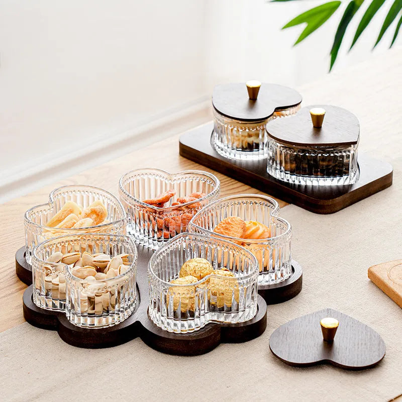 Glass snack serving platter with transparent heart-shaped lids in 2 3 4 5 grid compartment configurations