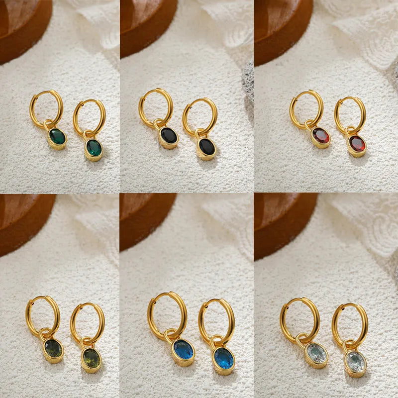 Women's copper oval zircon earrings in retro style, showing colour options including emerald and army green.