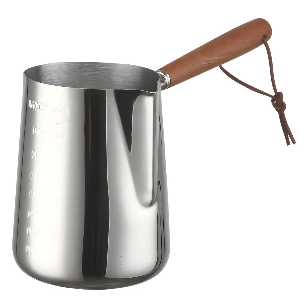 Stainless steel coffee cup with wooden handle, garland design, in modern simple style.