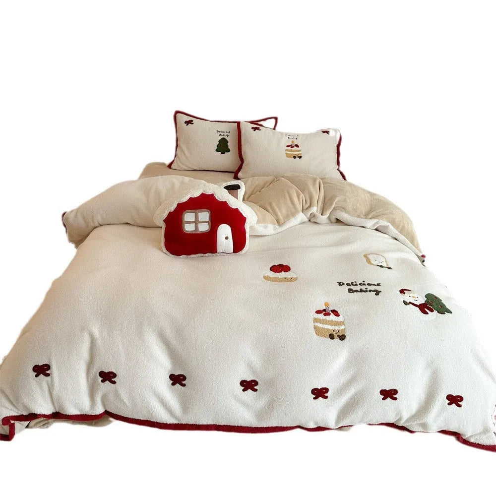Winter Christmas cartoon bedding four-piece set with Snowflake Milk Pastry pattern on polyester duvet cover and pillowcases