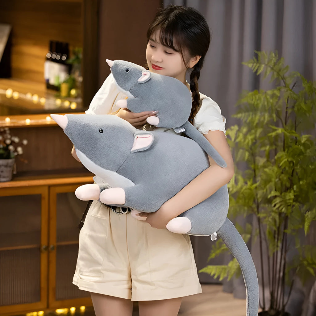 Cartoon style grey mouse plush doll stuffed toy in three sizes.