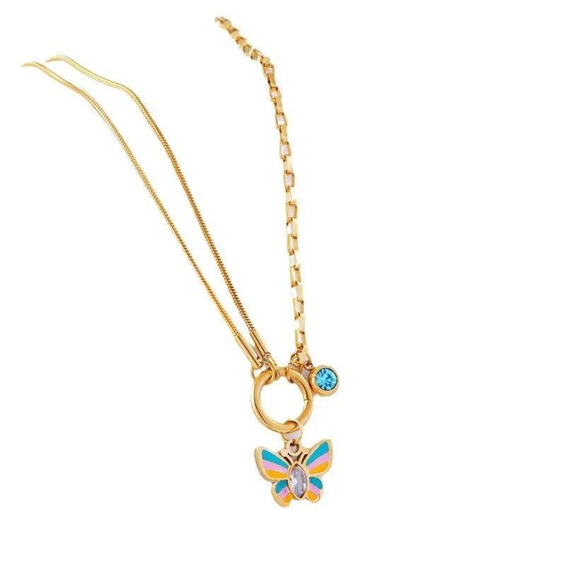 Gold titanium steel epoxy butterfly necklace and bracelet set with snake bones chain