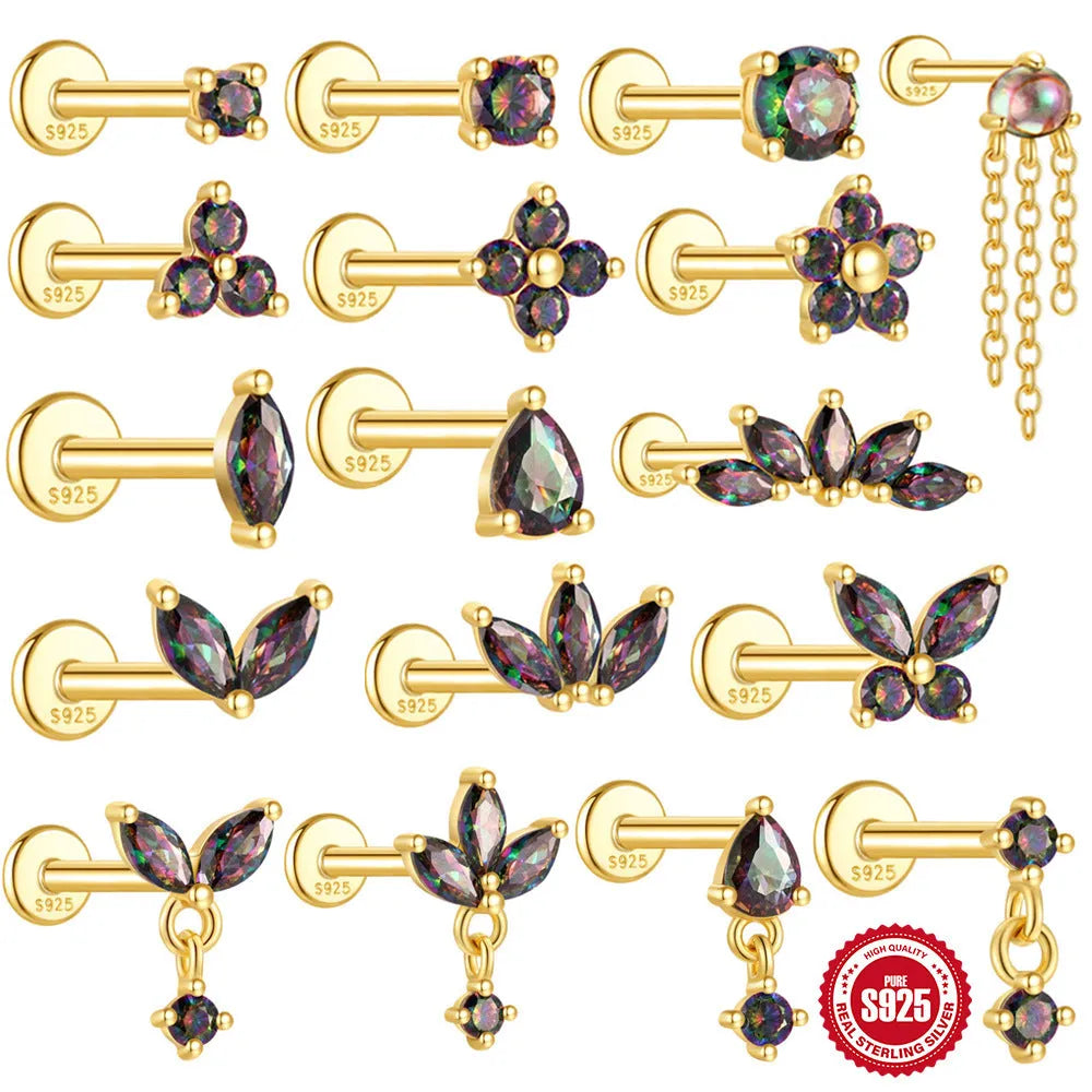 S925 sterling silver thread piercing earring with a shiny rainbow stone in a gold setting