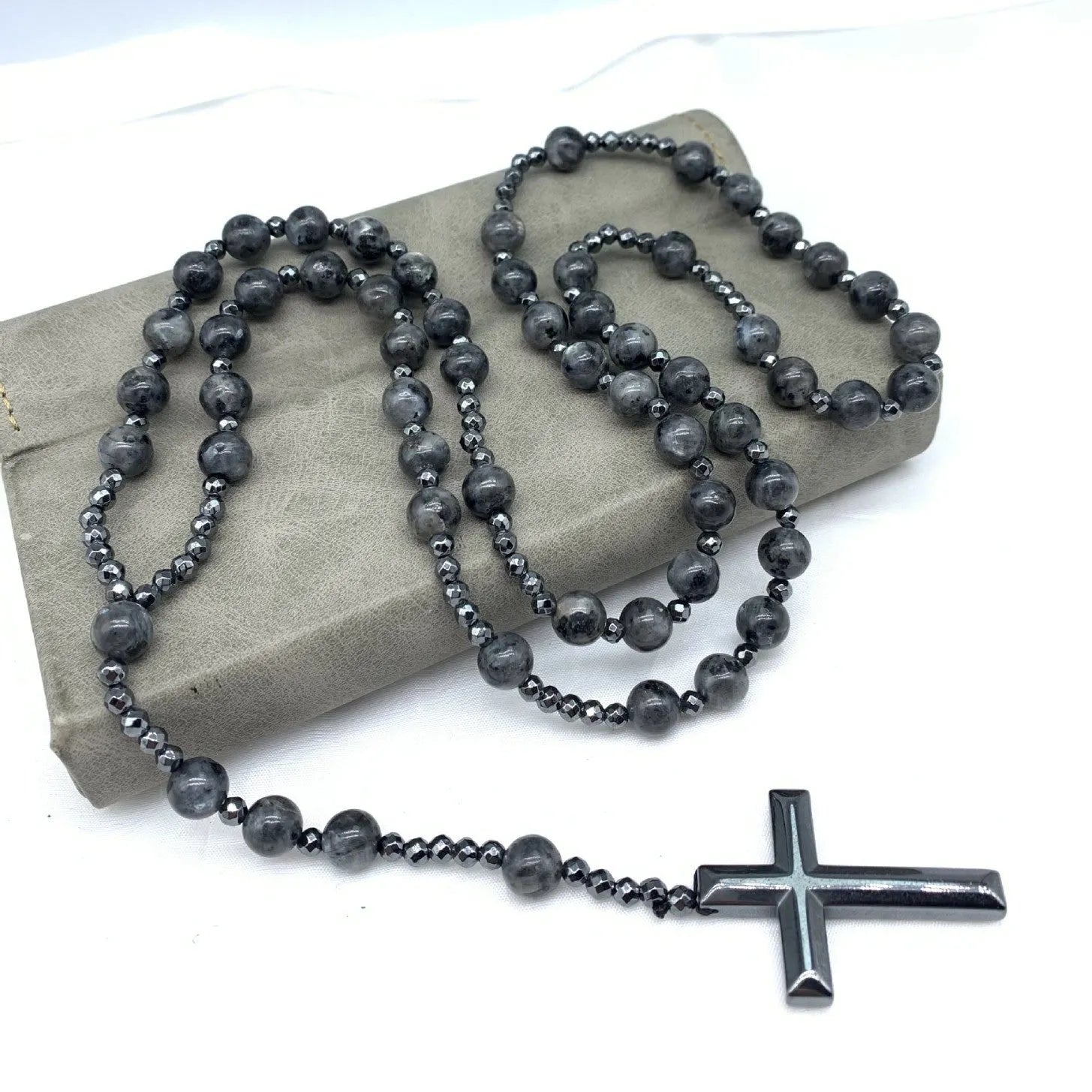 Men's stone cross pendant necklace on an 80cm ball bead chain with safety lock.