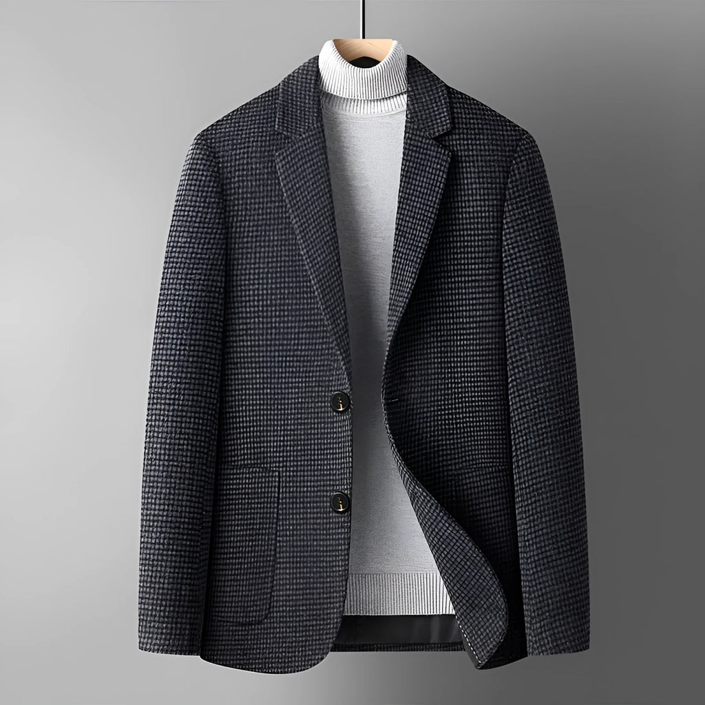 Men's slim fit grey wool suit jacket for autumn and winter wear.
