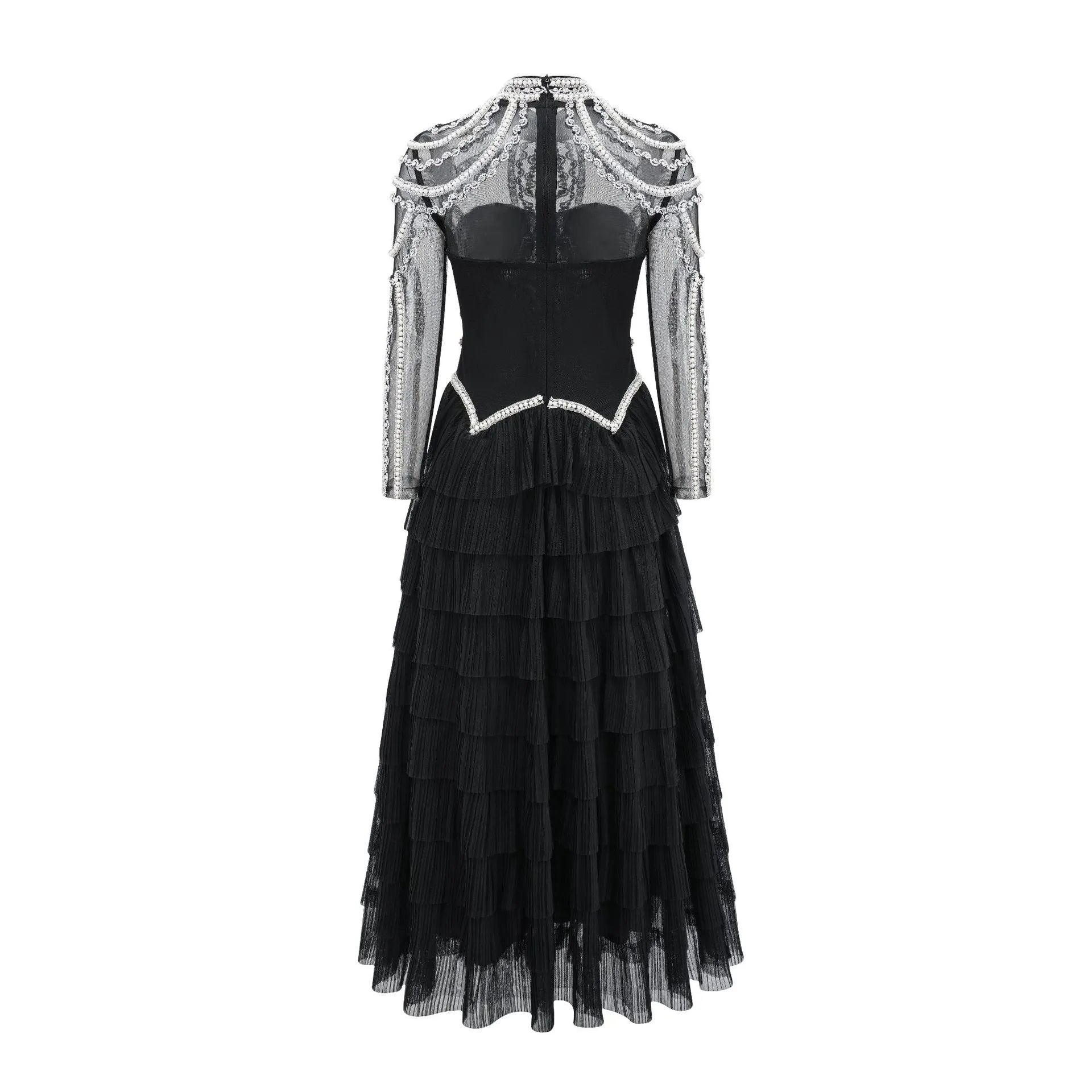 Women's black long sleeve dress with beaded decoration and mid waist silhouette