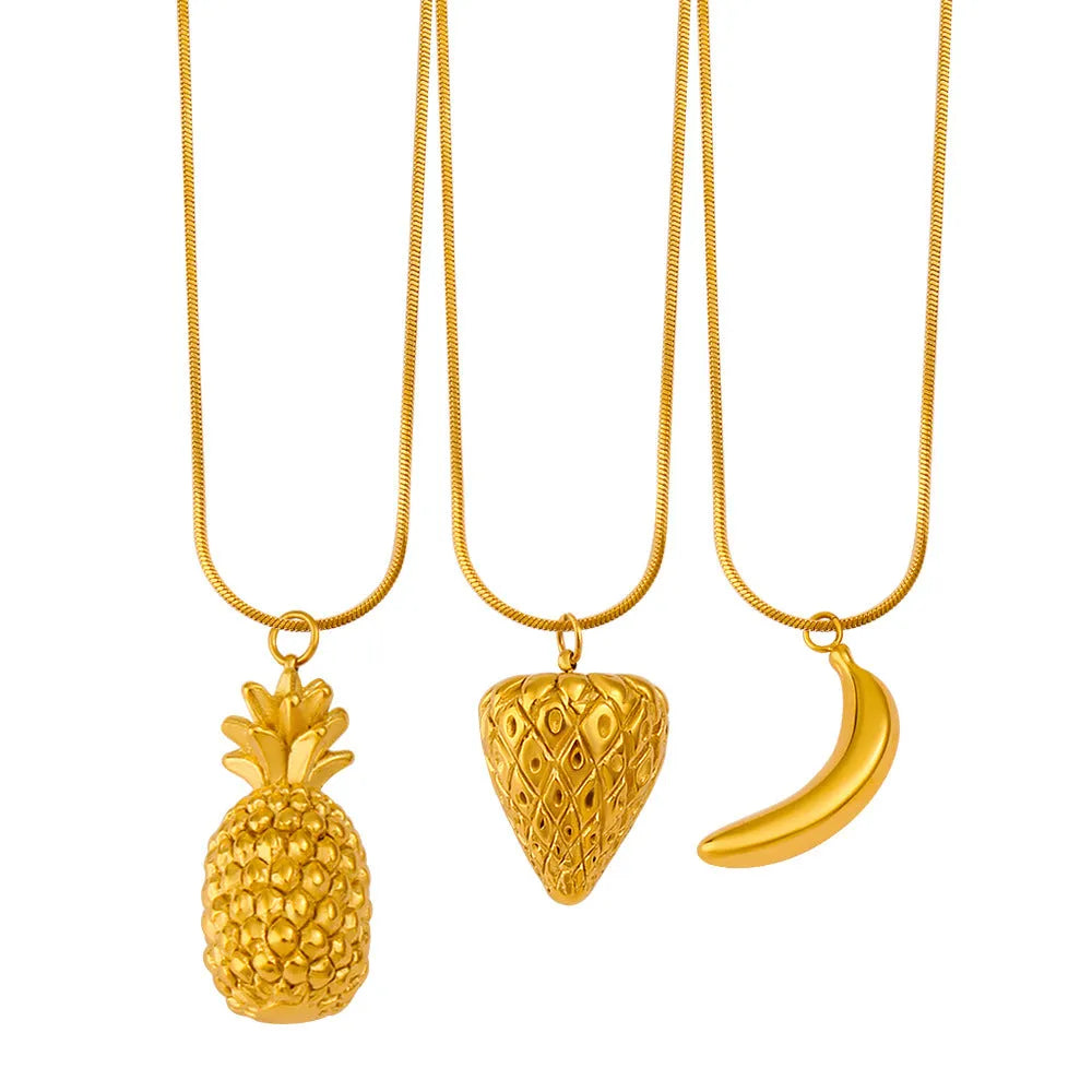 Stainless steel women's necklace with a detailed fruit charm pendant on a regular chain.