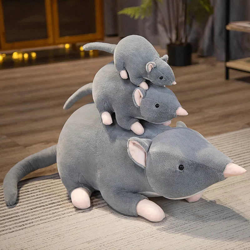 Cartoon style grey mouse plush doll stuffed toy in three sizes.