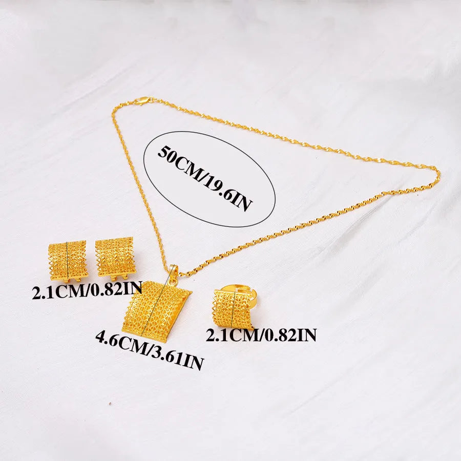 Women's bridal wedding gold jewelry set including copper necklace, earrings, and ring in natural style golden finish