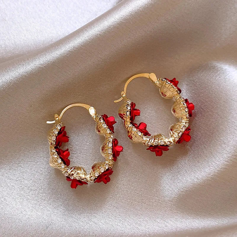 Red alloy rose-shaped clip-on earrings for women F155-A colour simple flower jewellery