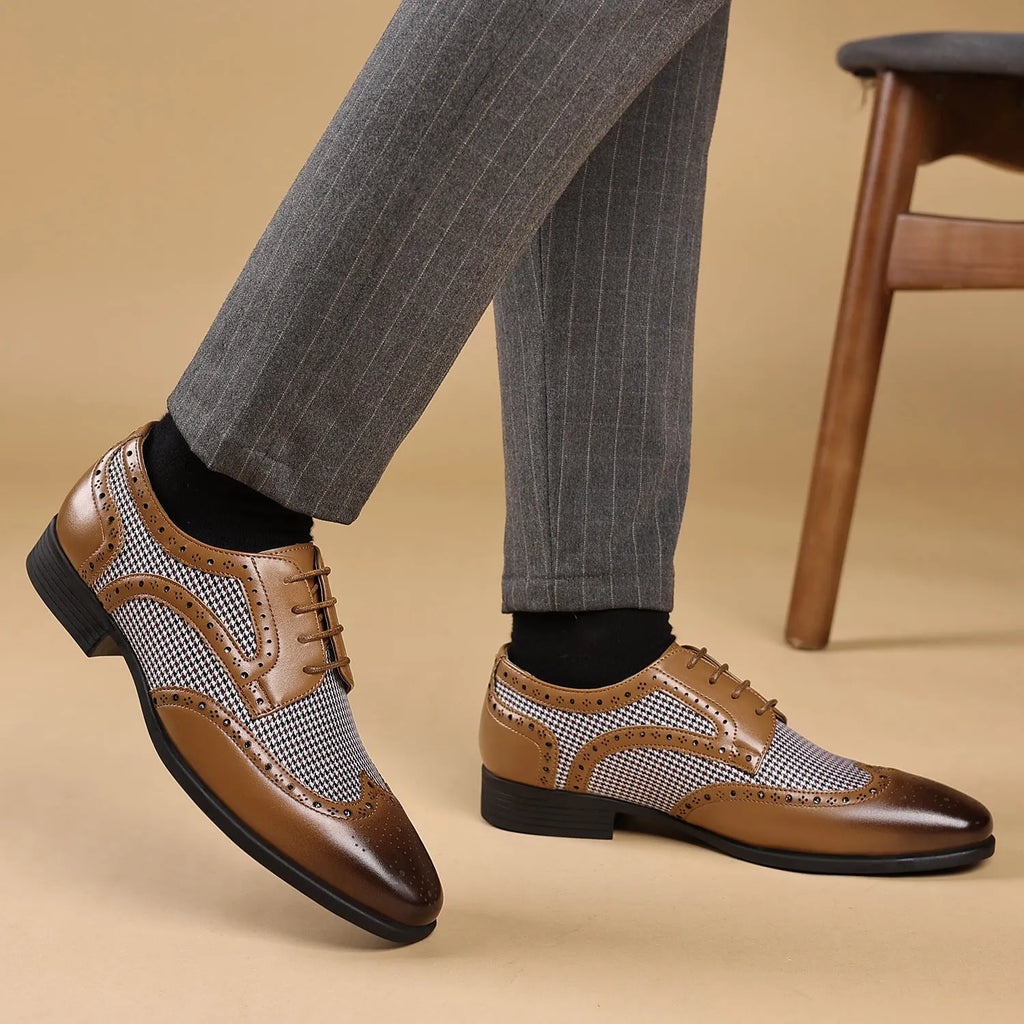 Men's black houndstooth patterned canvas lace-up casual shoes with a rubber sole.