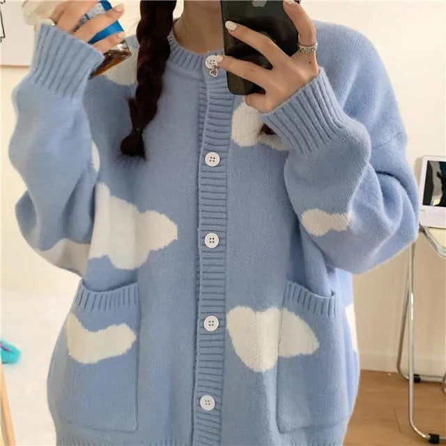 Women's blue cloud-patterned spandex cardigan sweater coat with loose fit and long sleeves
