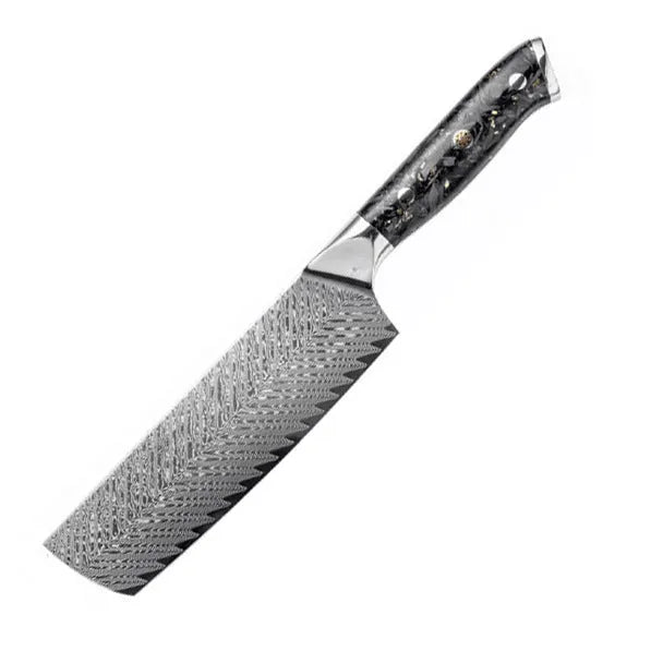 Damascus pattern chef knife set with 8 different blades including kitchen, Japanese, boning, utility, steak and fruit knives