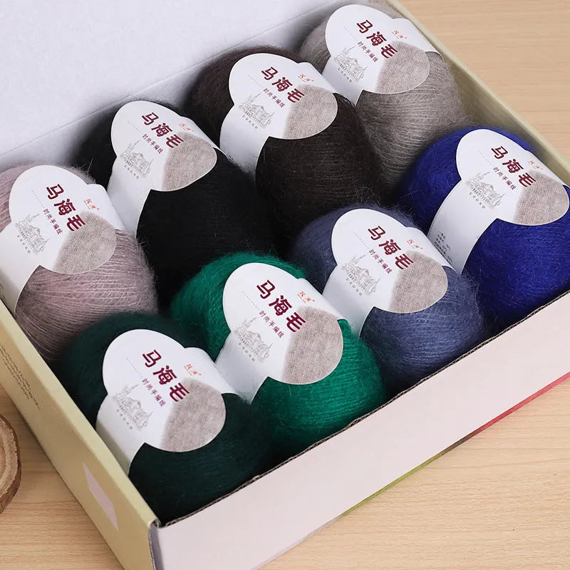 Mohair scarf DIY kit with wool ball of Inverness thread yarn showing multiple colour options for hand-woven spring accessories