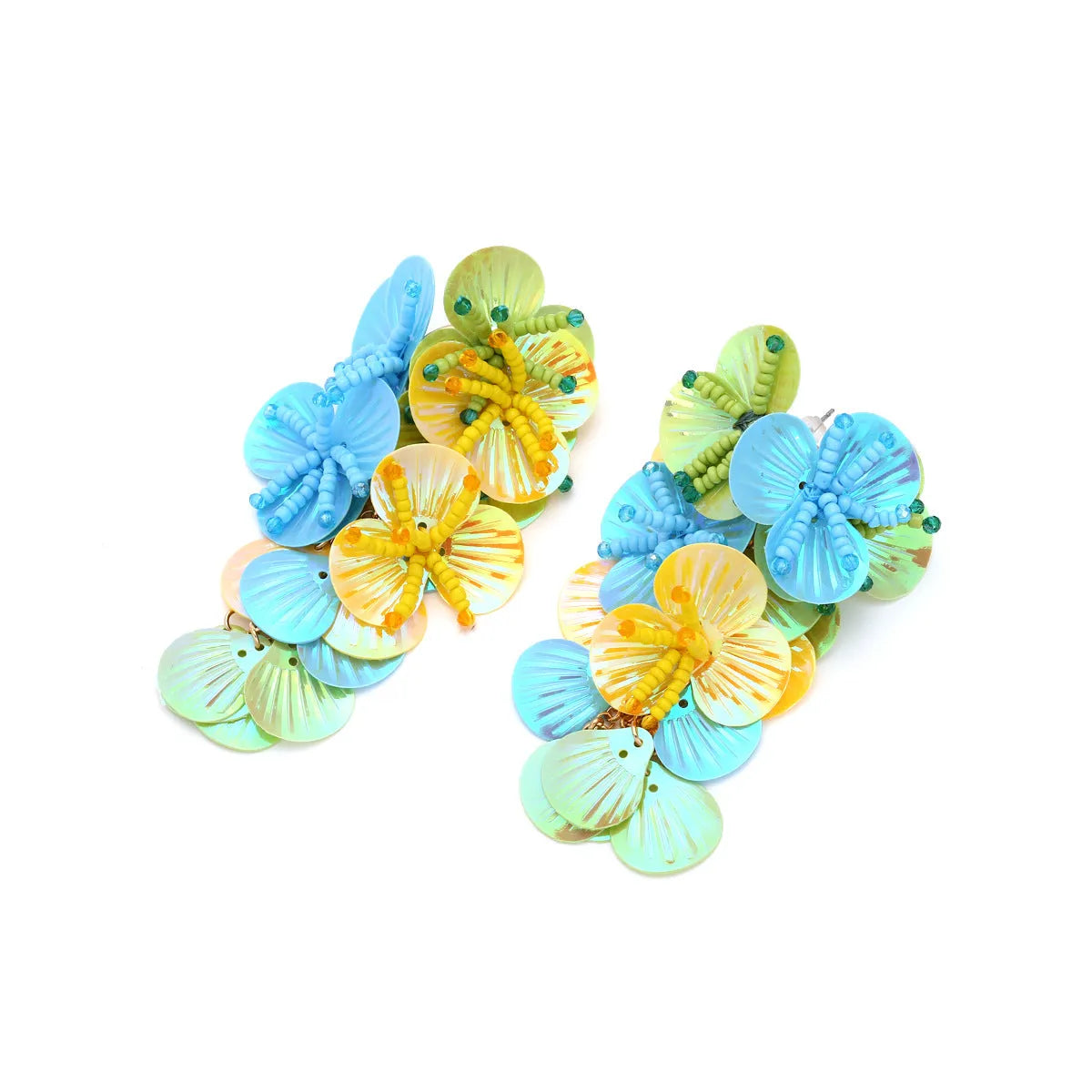 Handmade colourful string bead flower and leaf earrings in exaggerated dopamine style.