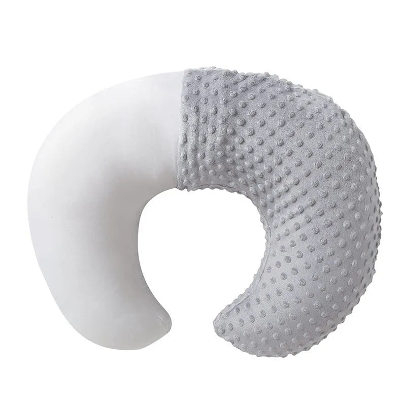 Nursing pillow with milk spilt prevention design in grey, light blue, pink, and yellow colour options