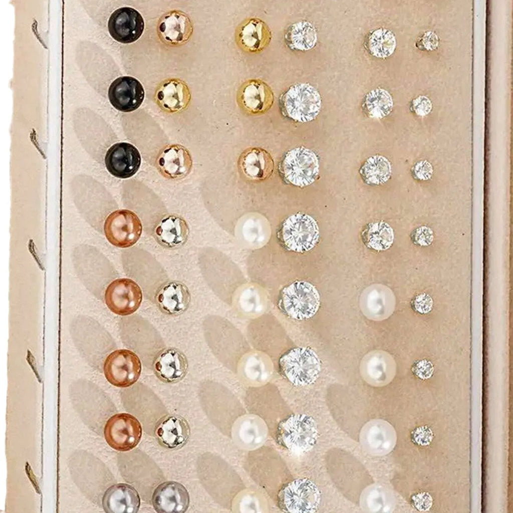 108-piece set of gold and yellow geometric round alloy pearl earrings for women on a plain background.