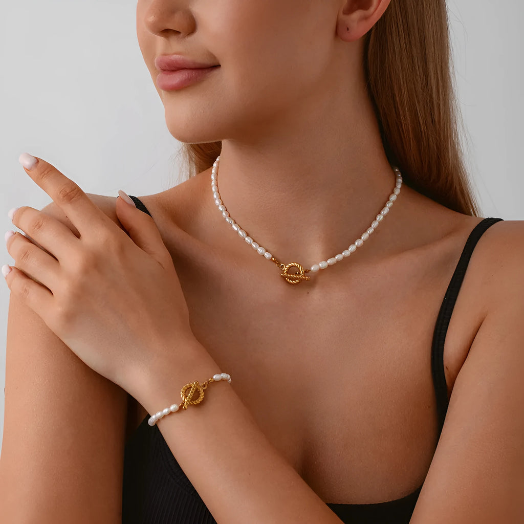 Freshwater pearl necklace and bracelet set on stainless steel clavicle chain geometric design ins style
