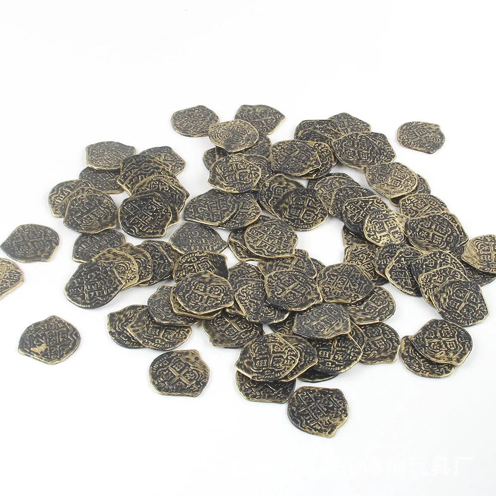 Set of 100 plastic Roman pirate coin replicas with electroplated bronze, gold, or silver metallic finish