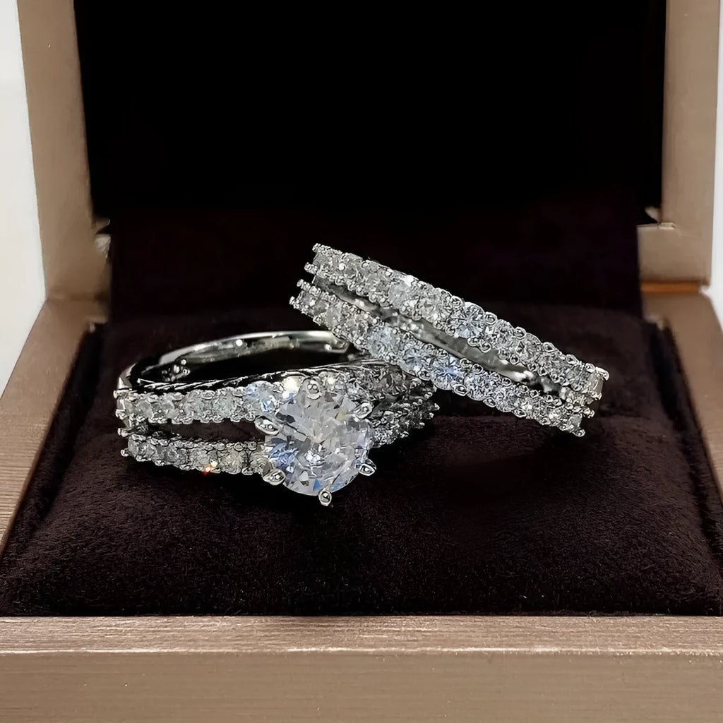 2-in-1 fully-jewelled female ring set in silver, gold, and rose gold colours with geometric design