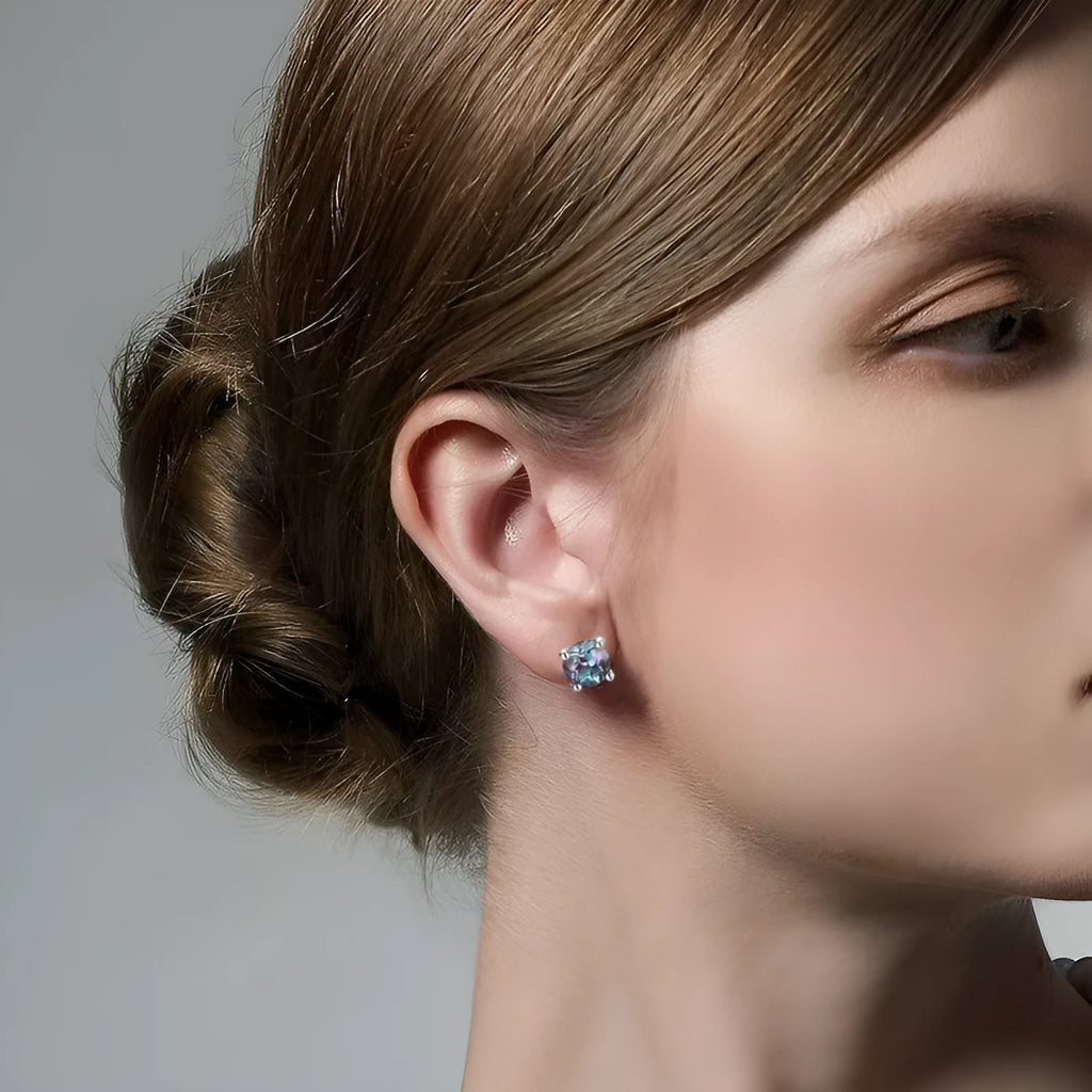 925 sterling silver ear studs with cultivated Alexandrite stones in round geometric shapes