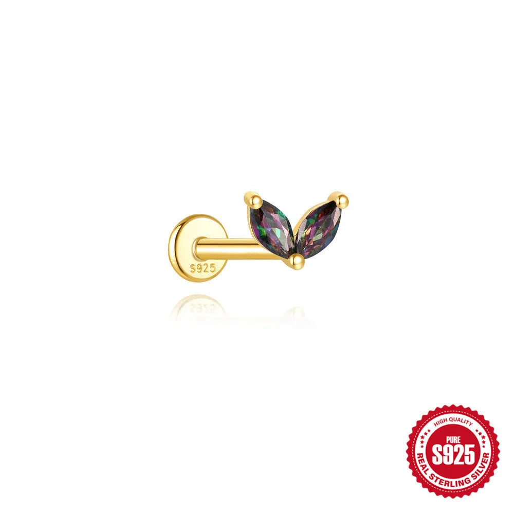 S925 sterling silver thread piercing earring with a shiny rainbow stone in a gold setting