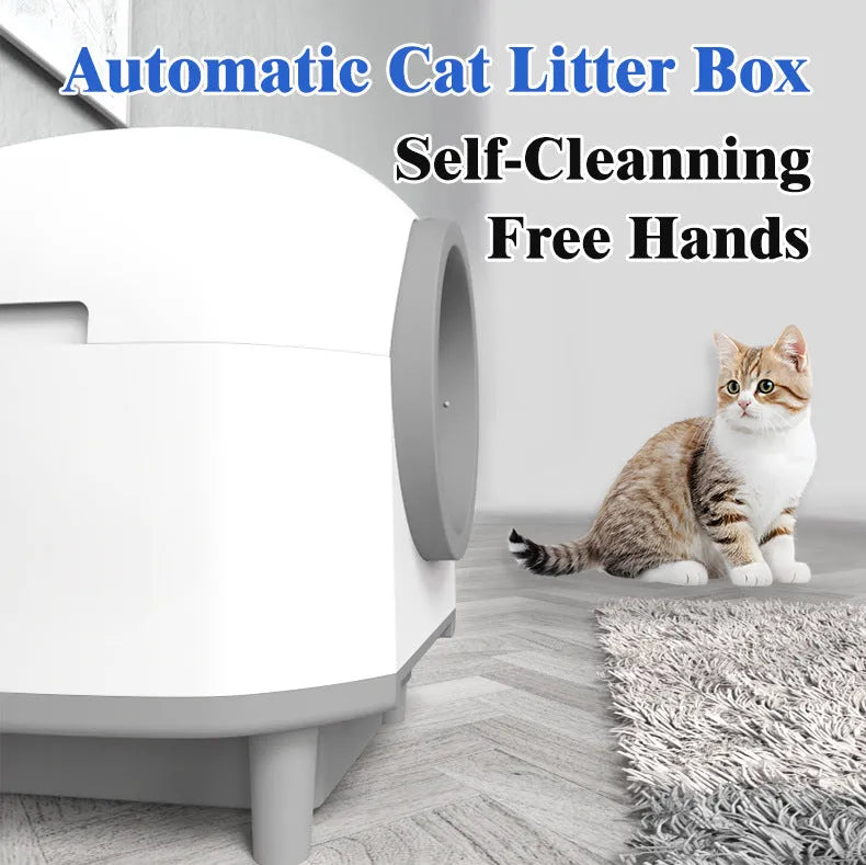 White automatic self-cleaning cat litter box with enclosed design