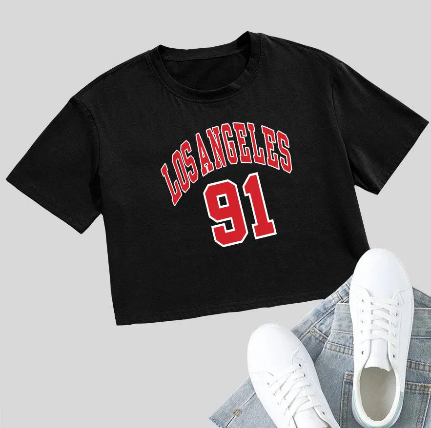 Women's personalised English letter cotton t-shirt with exposed navel design in black or white