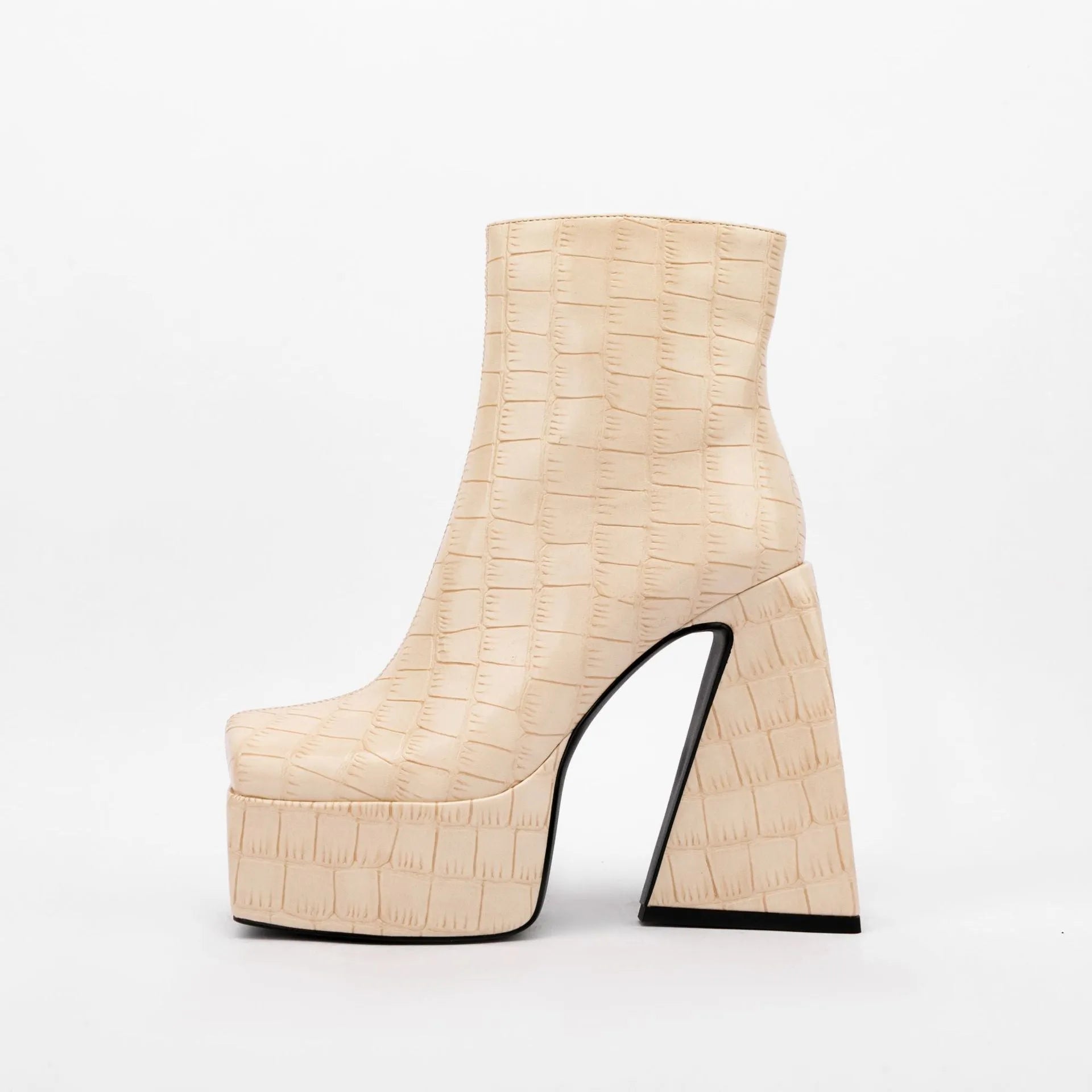 Women's ankle boot with a high heel, shown in a solid colour like beige, brown, red, green, or black.