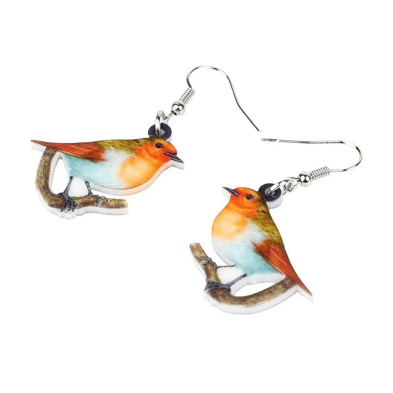 Blue titmouse pendant earrings made from acrylic with geometric animal design