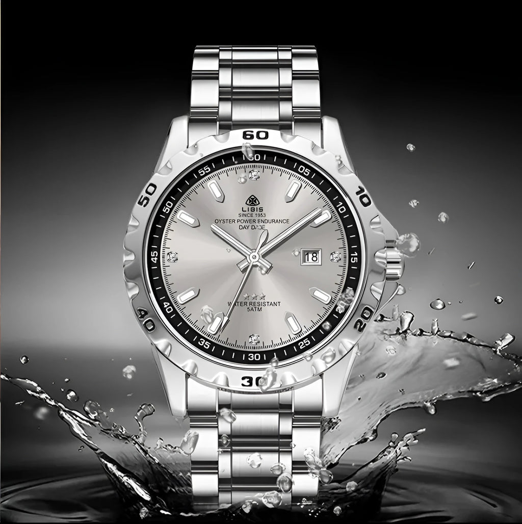 Men's silver quartz watch with luminous hands and stainless steel strap