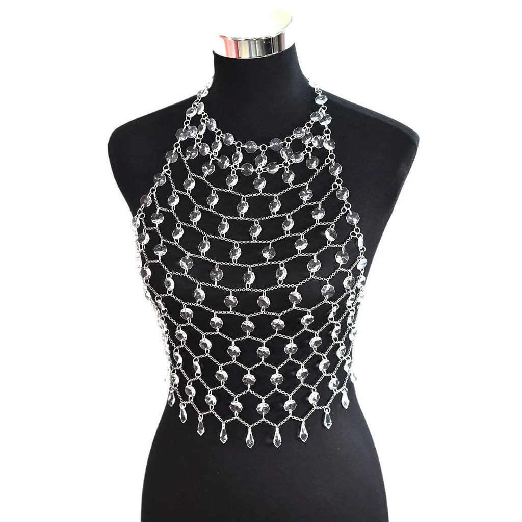 Transparent acrylic crystal sequins body chain hand-woven chest necklace