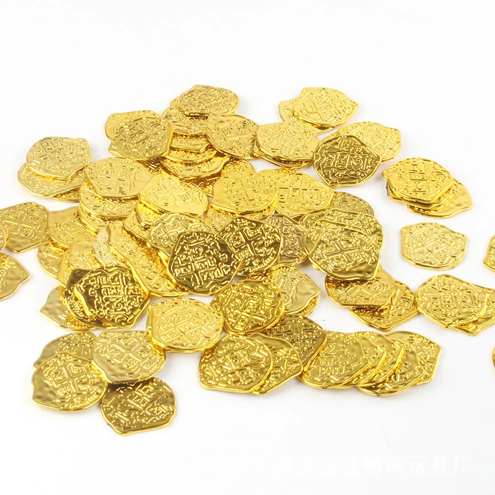 Set of 100 plastic Roman pirate coin replicas with electroplated bronze, gold, or silver metallic finish