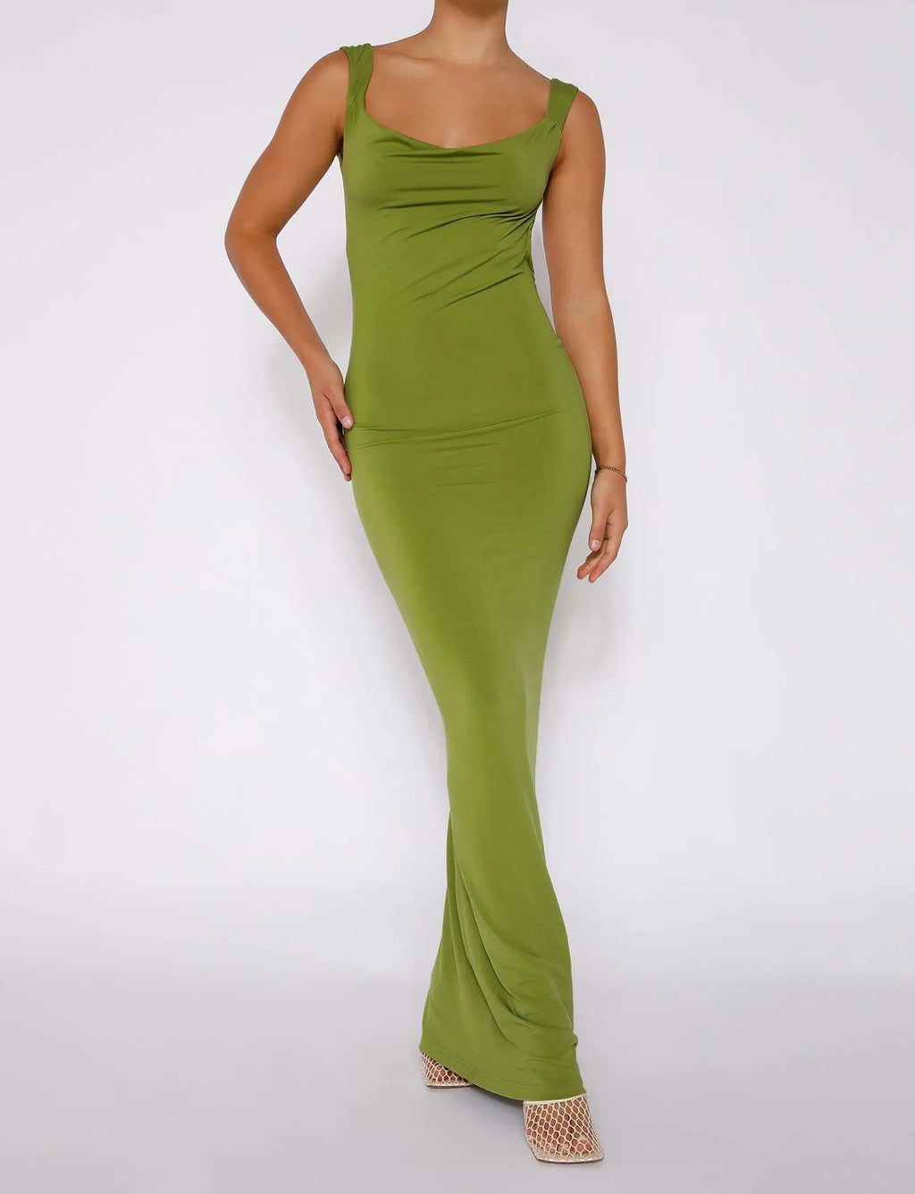 Backless milk silk spaghetti strap dress with high waist long skirt in Champagne solid colour