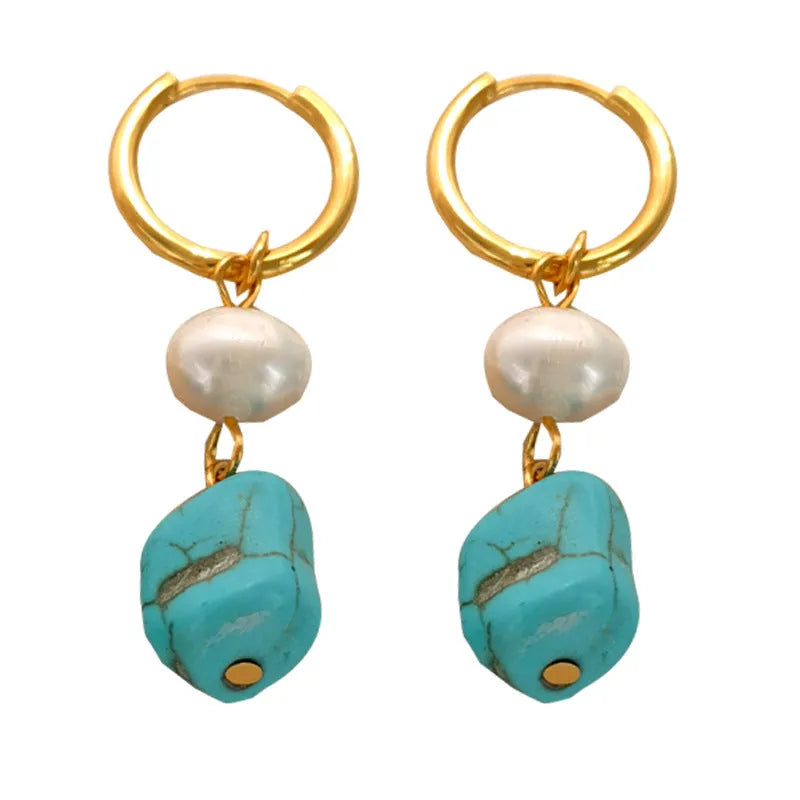 Geometric copper earring set with turquoise stones and cultured pearls, showing both clip and dangle styles