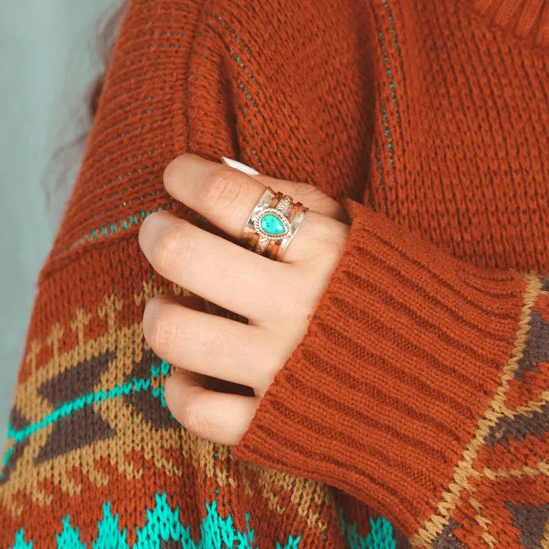 Retro three-colour green pine alloy ring in picture colour, available in sizes 6 to 10