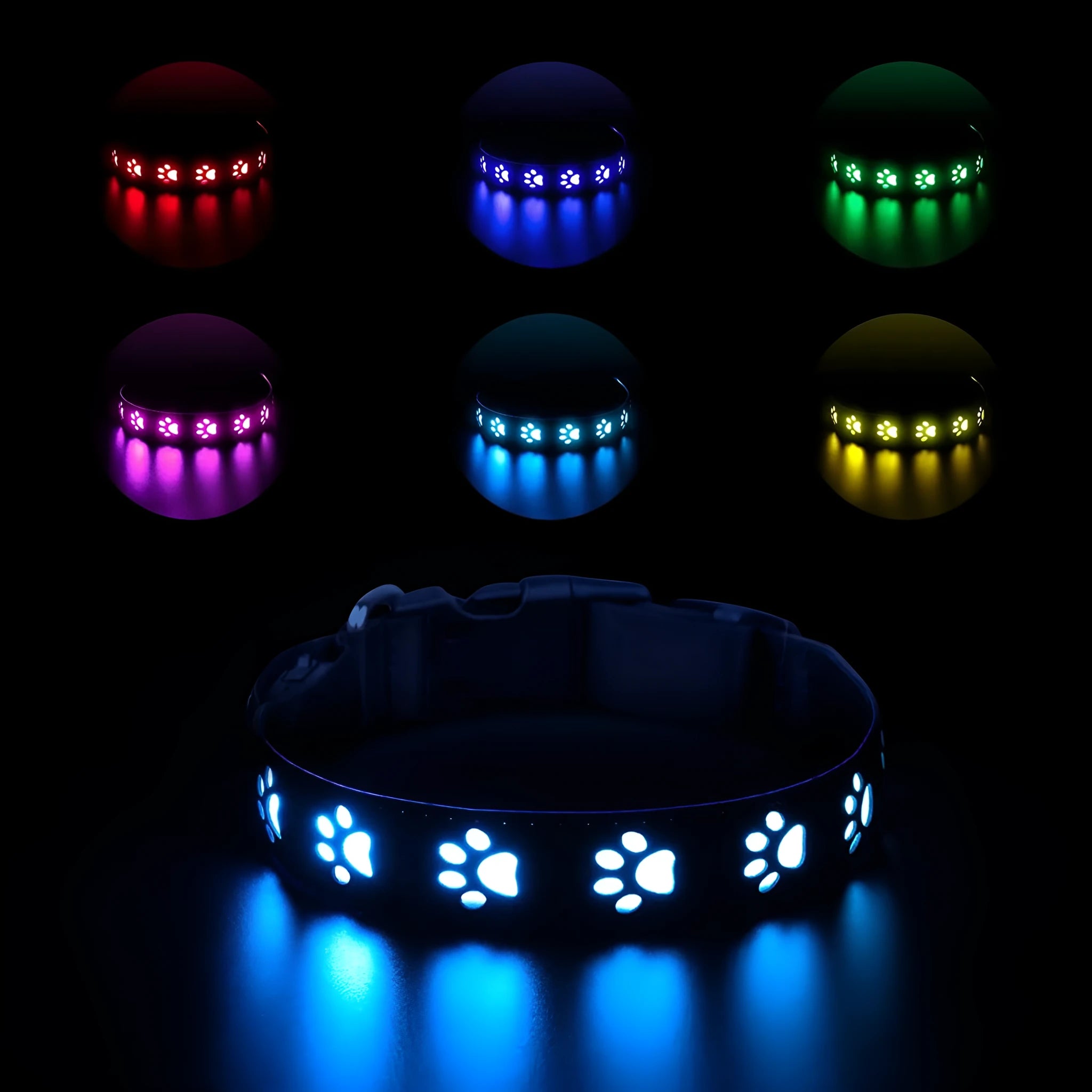 LED luminous pet collar with paw printing showing seven colour options on adjustable polyester band