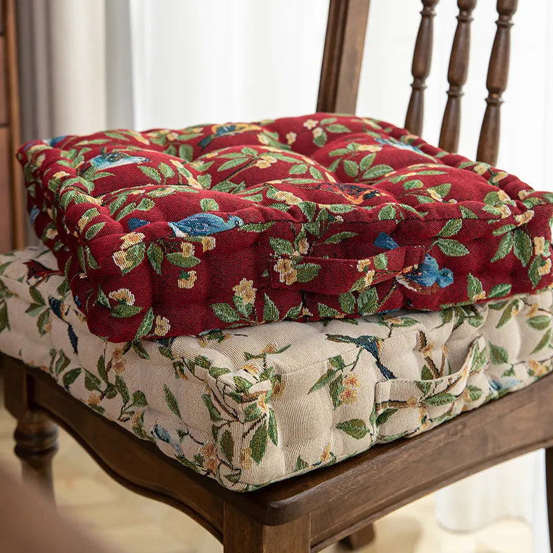 American style square dining chair cushion with thick padding in floral apricot and solid colour options.