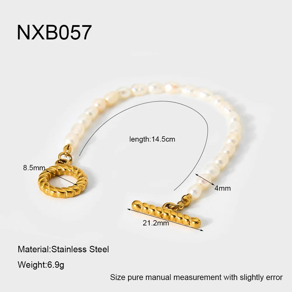 Freshwater pearl necklace and bracelet set on stainless steel clavicle chain geometric design ins style