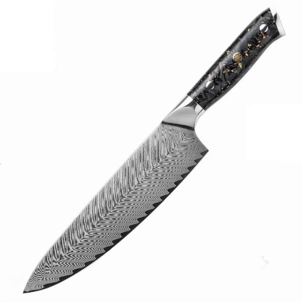 Damascus pattern chef knife set with 8 different blades including kitchen, Japanese, boning, utility, steak and fruit knives