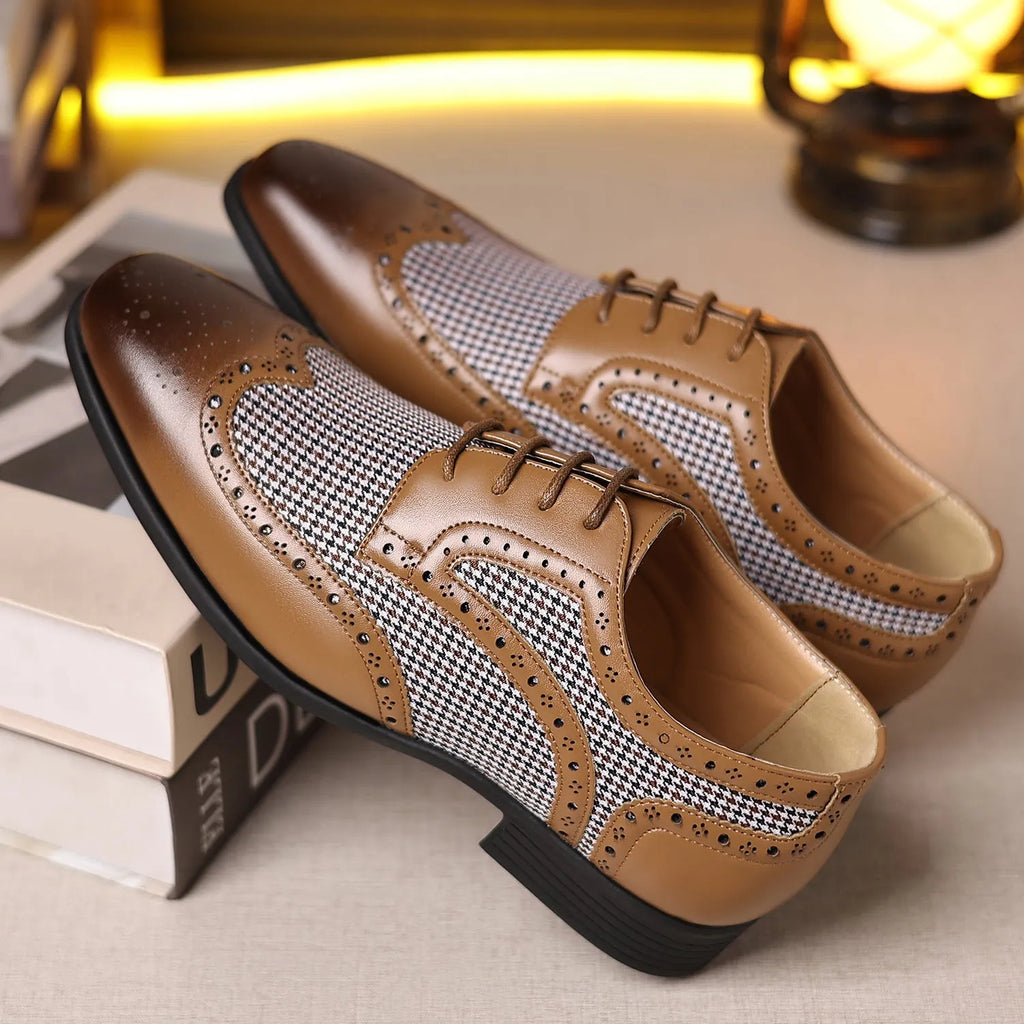 Men's black houndstooth patterned canvas lace-up casual shoes with a rubber sole.