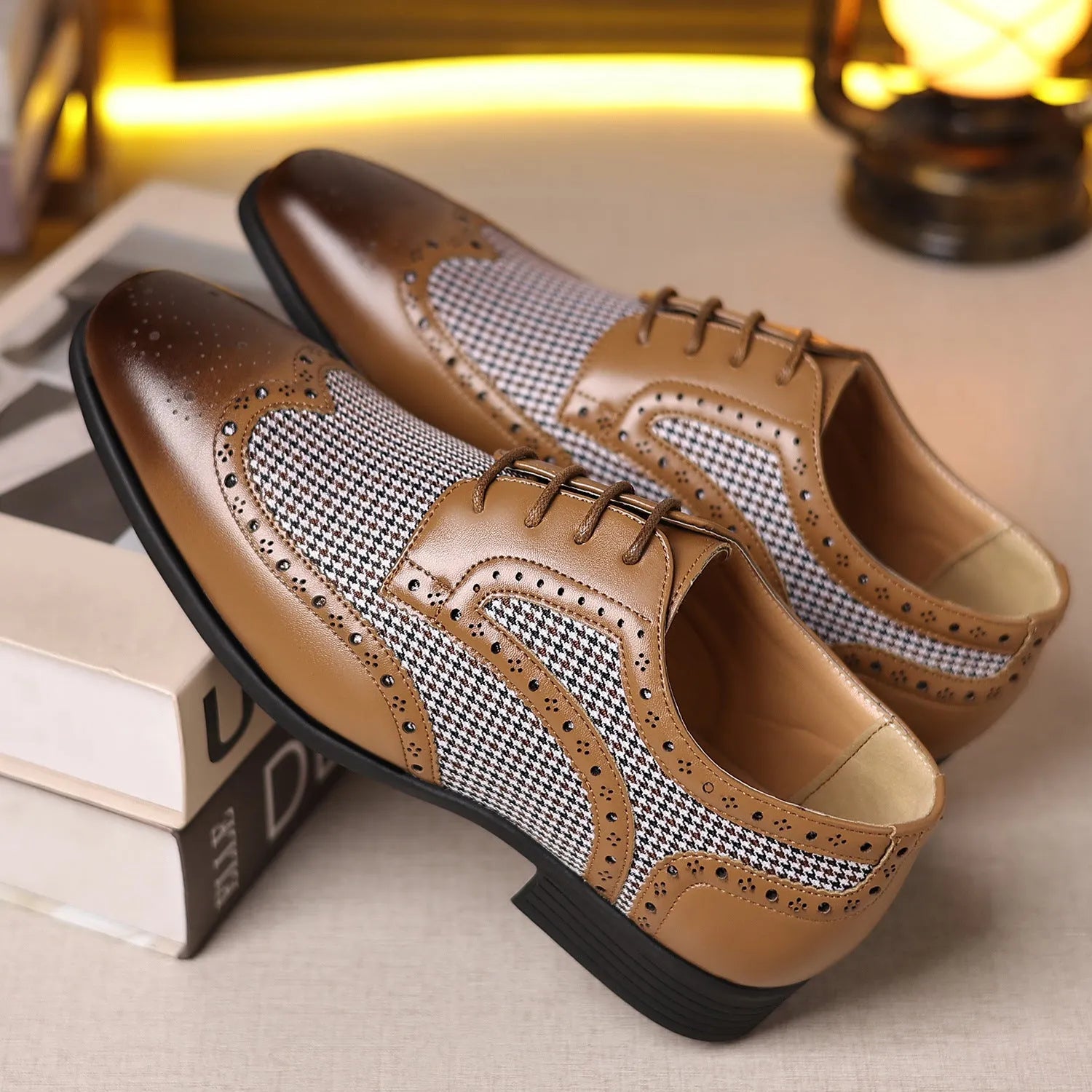 Men's black houndstooth patterned canvas lace-up casual shoes with a rubber sole.