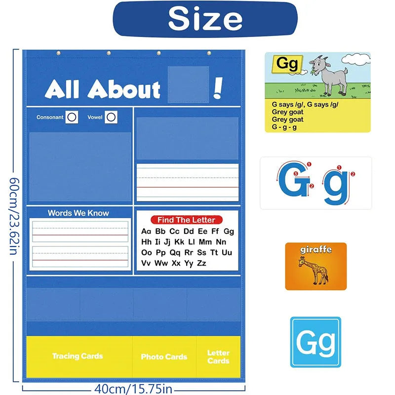 Alphabet learning chart with cards displayed on 60x40cm surface showing words letters pictures