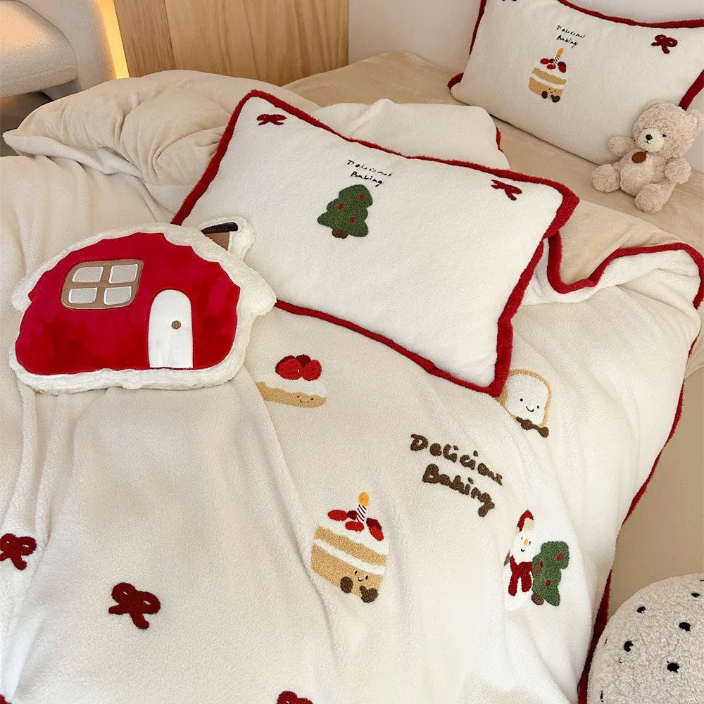 Winter Christmas cartoon bedding four-piece set with Snowflake Milk Pastry pattern on polyester duvet cover and pillowcases