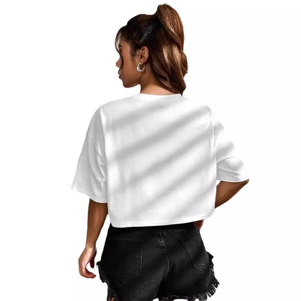 Women's personalised English letter cotton t-shirt with exposed navel design in black or white