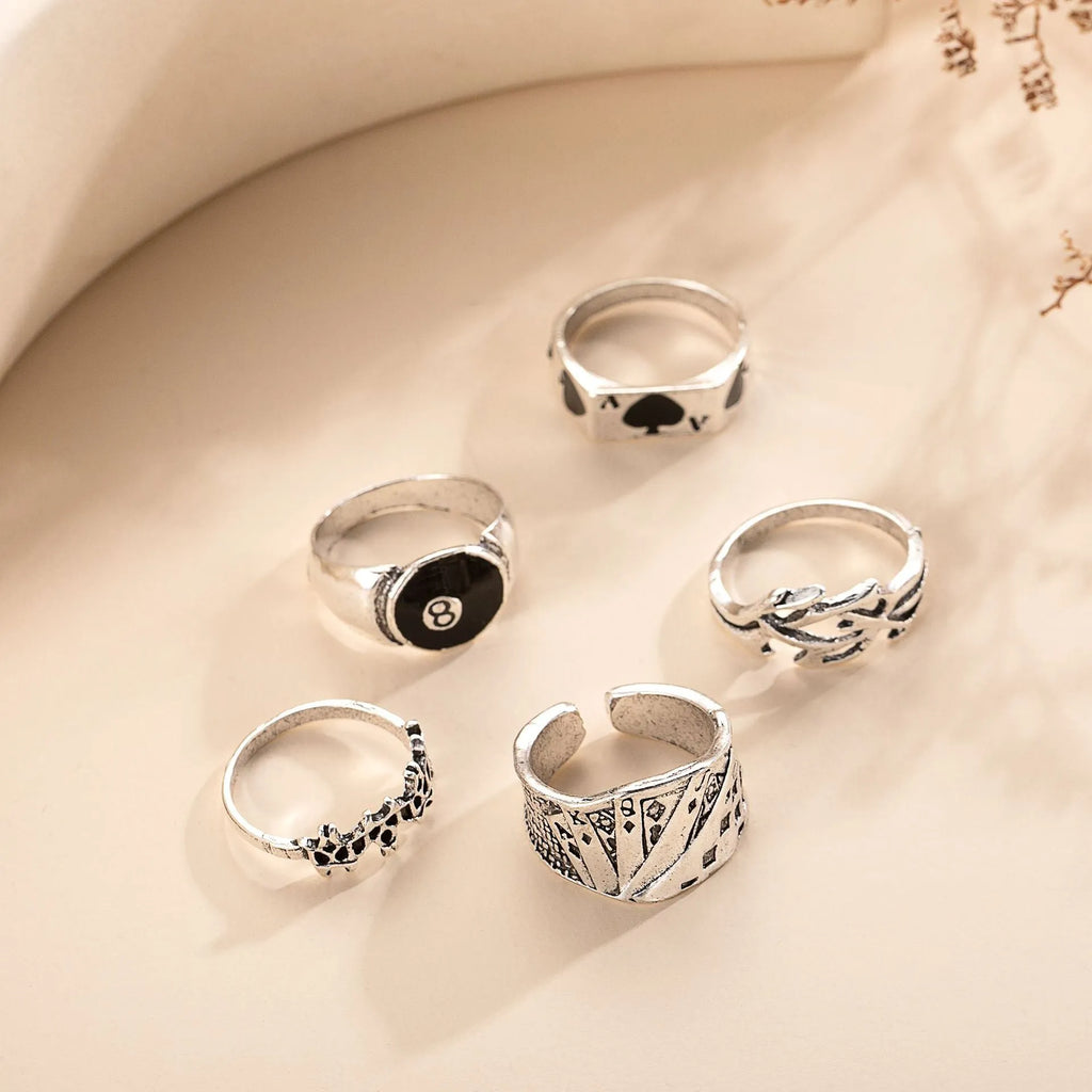 Black adjustable alloy ring with detailed retro spade card design for women