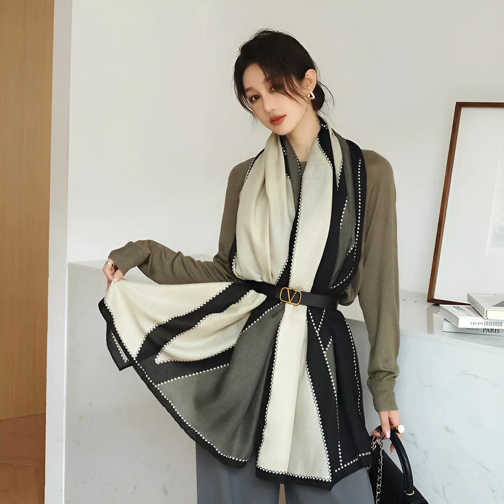 Women's printed polyester scarf showing 180cm length and 90cm width dimensions with autumn-appropriate design