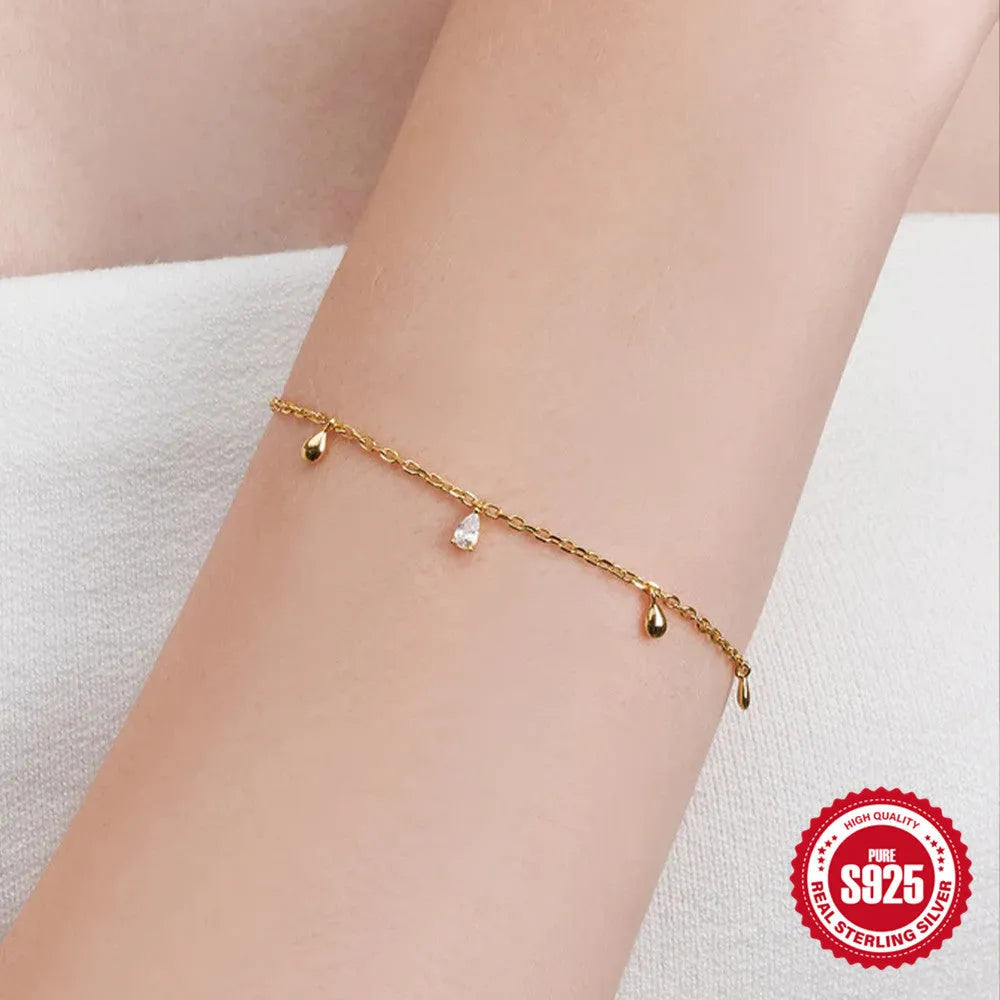 S925 sterling silver water drop diamond pendant bracelet in gold colour, simple geometric style for women
