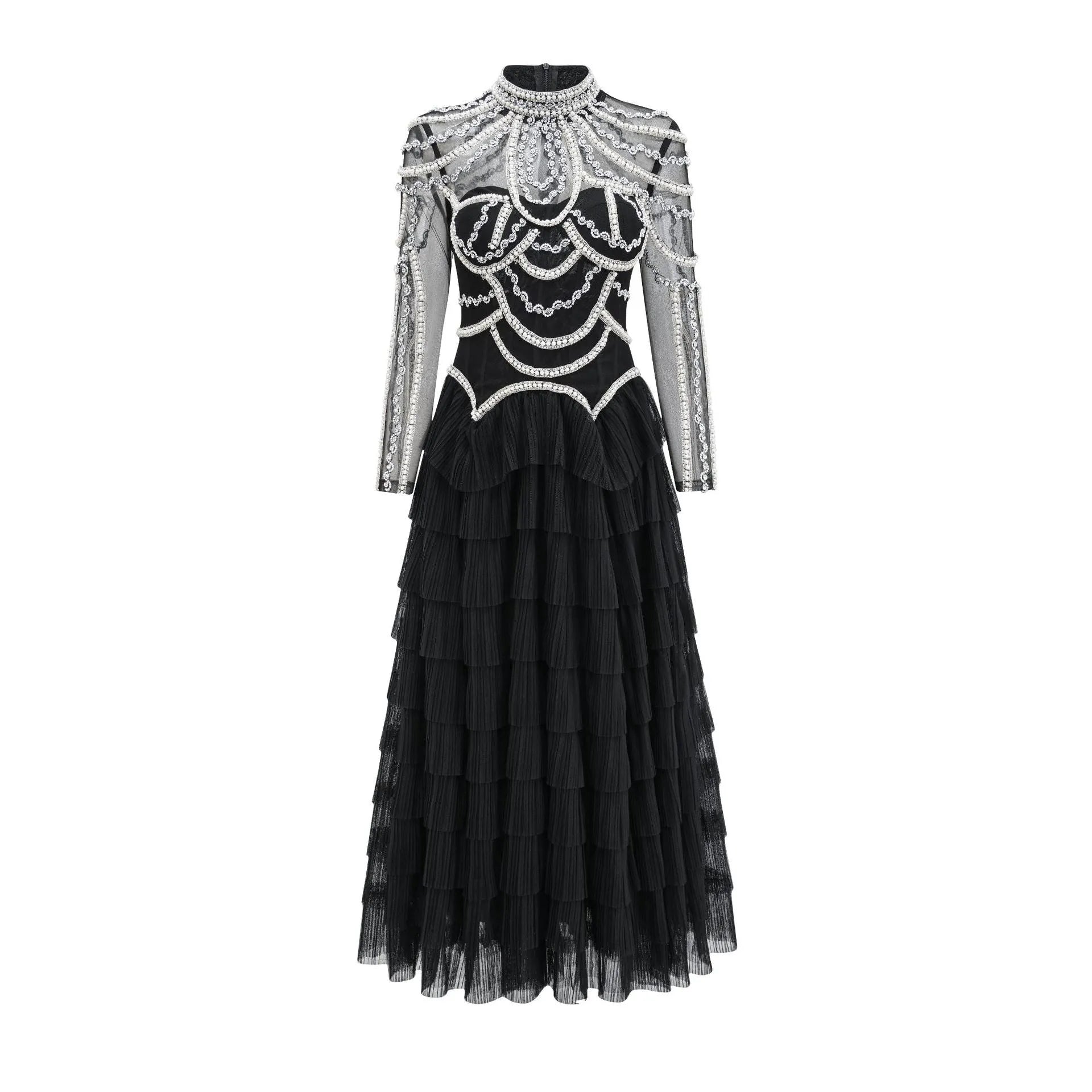 Women's black long sleeve dress with beaded decoration and mid waist silhouette