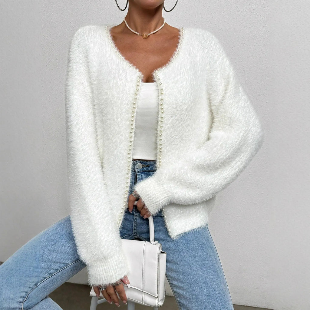Women's white V-neck cardigan with bead knit details, medium thickness polyester fabric